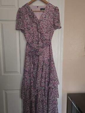 Karl Lagerfeld Pink & Black Floral Ruffle Maxi Dress